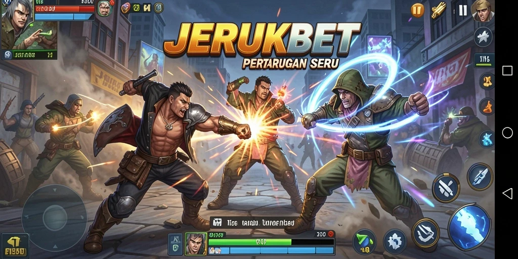 Tampilan screenshot utama JERUKBET yang menampilkan pertarungan seru dan karakter.