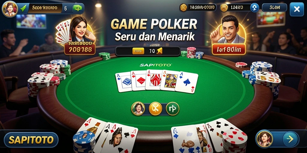 Tampilan gameplay menarik dengan table poker dan pemain aktif.